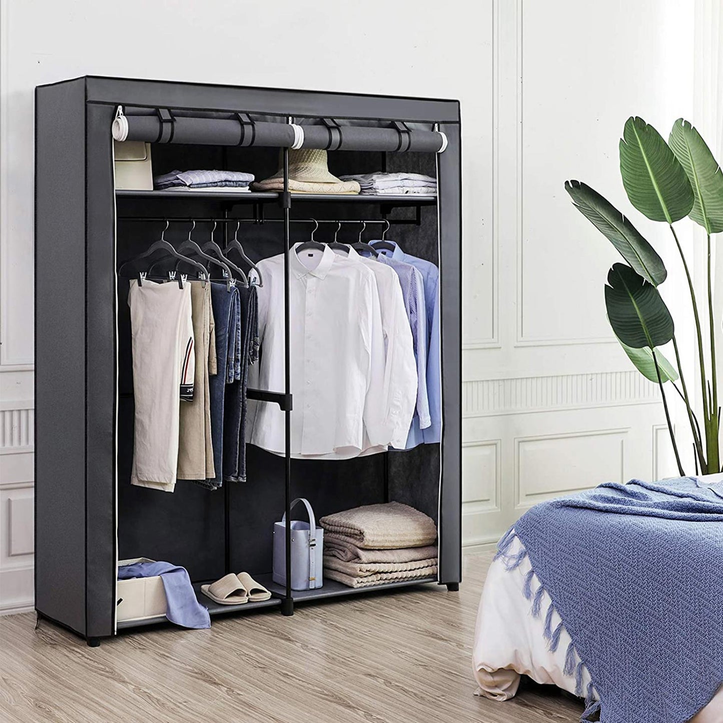 SONGMICS - Armoire de Rangement, Penderie Portable avec Barre de Suspension, Porte-vêtements Pliable, Vestiaire, Salle d’étude, 140x43x174 cm, Gris