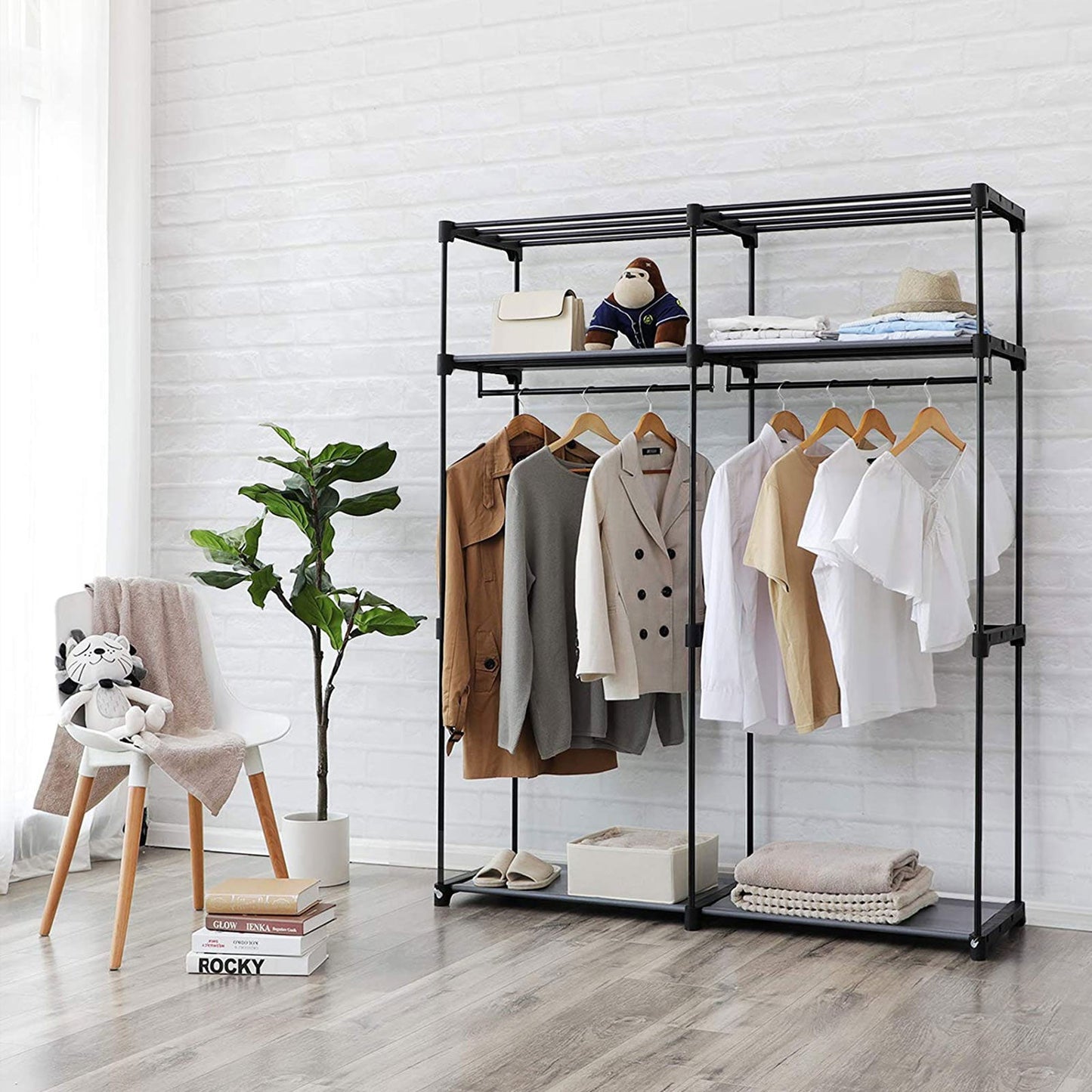 SONGMICS - Armoire de Rangement, Penderie Portable avec Barre de Suspension, Porte-vêtements Pliable, Vestiaire, Salle d’étude, 140x43x174 cm, Gris