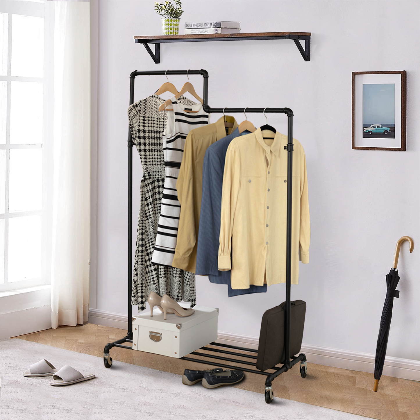 Tatkraft Tube - Portant à Vêtements Robuste avec Porte-Chaussures, 2 Niveaux pour une Habits sur Roulettes pour un Deplacement Facile, Jusqu'à 100 kg