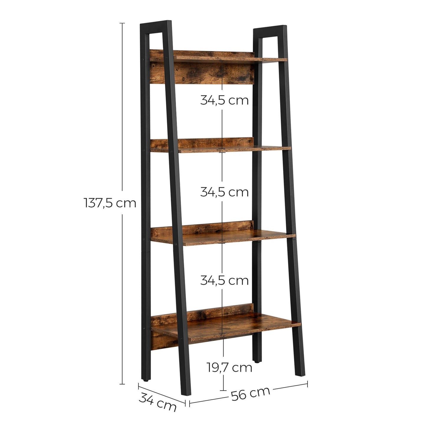 VASAGLE - Étagère échelle à 4 Niveaux, Bibliothèque, Étagère de Rangement, Cadre en métal, Style Industriel, Marron Rustique et Noir