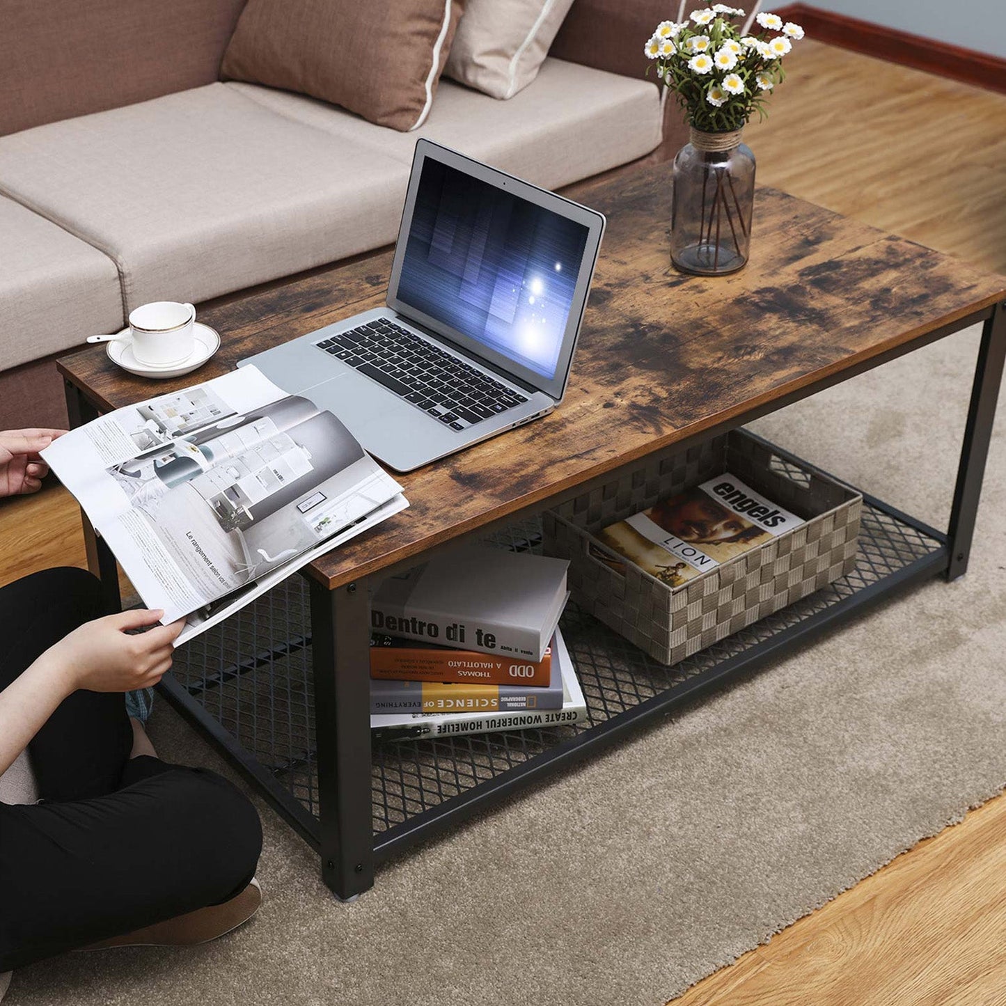 Table Basse, Table de salon, Bout de canapé, avec grand plateau, pieds réglables, protection du plancher, VASAGLE, 6