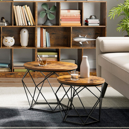 Tables d'appoint, Lot de 2, Panneaux d’aggloméré, Table basse, Acier, Marron Rustique, Noir, VASAGLE