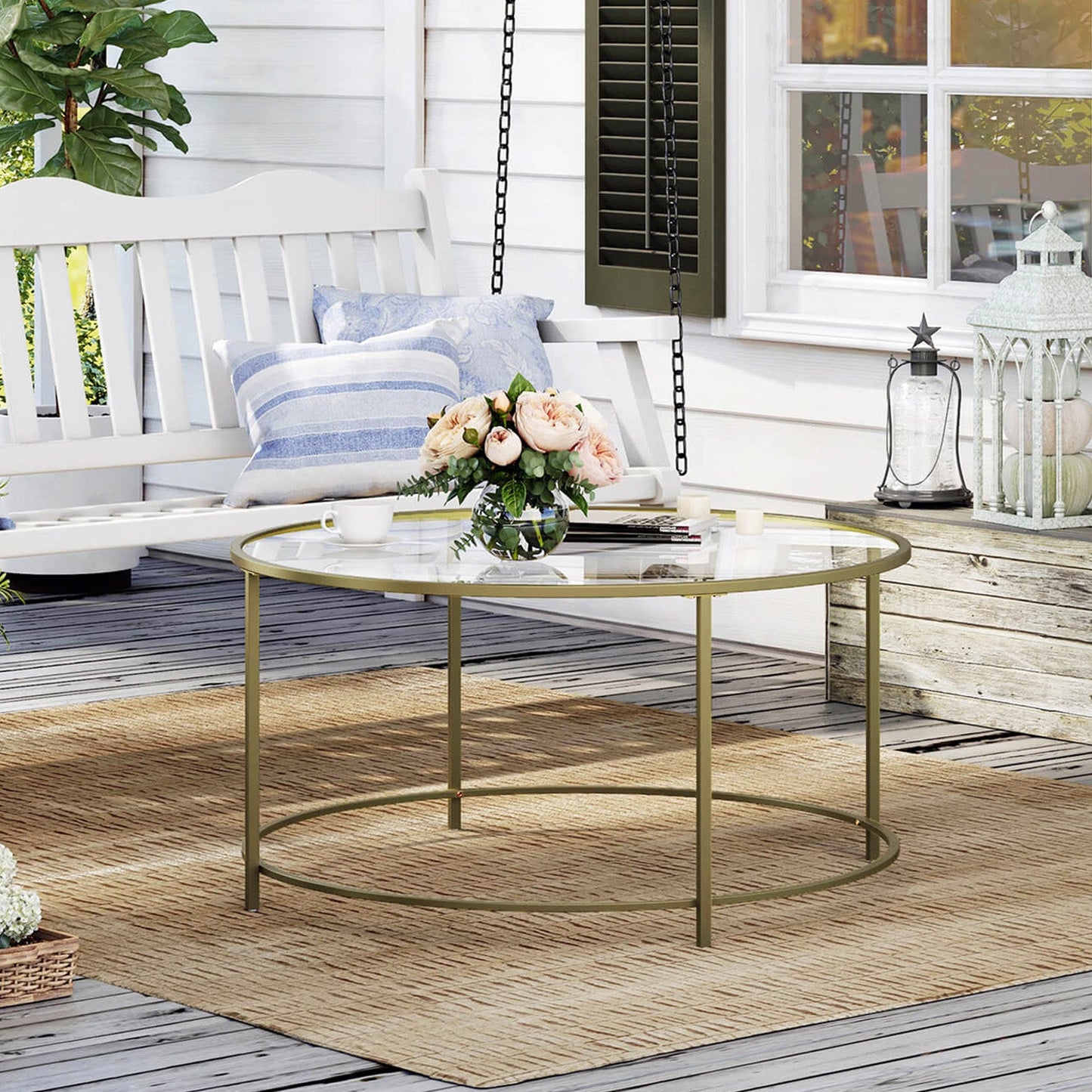 Table Basse Ronde, Plateau en Verre Trempé, Armature Métallique Dorée, Table de Salon, Bout de Canapé, VASAGLE, 3