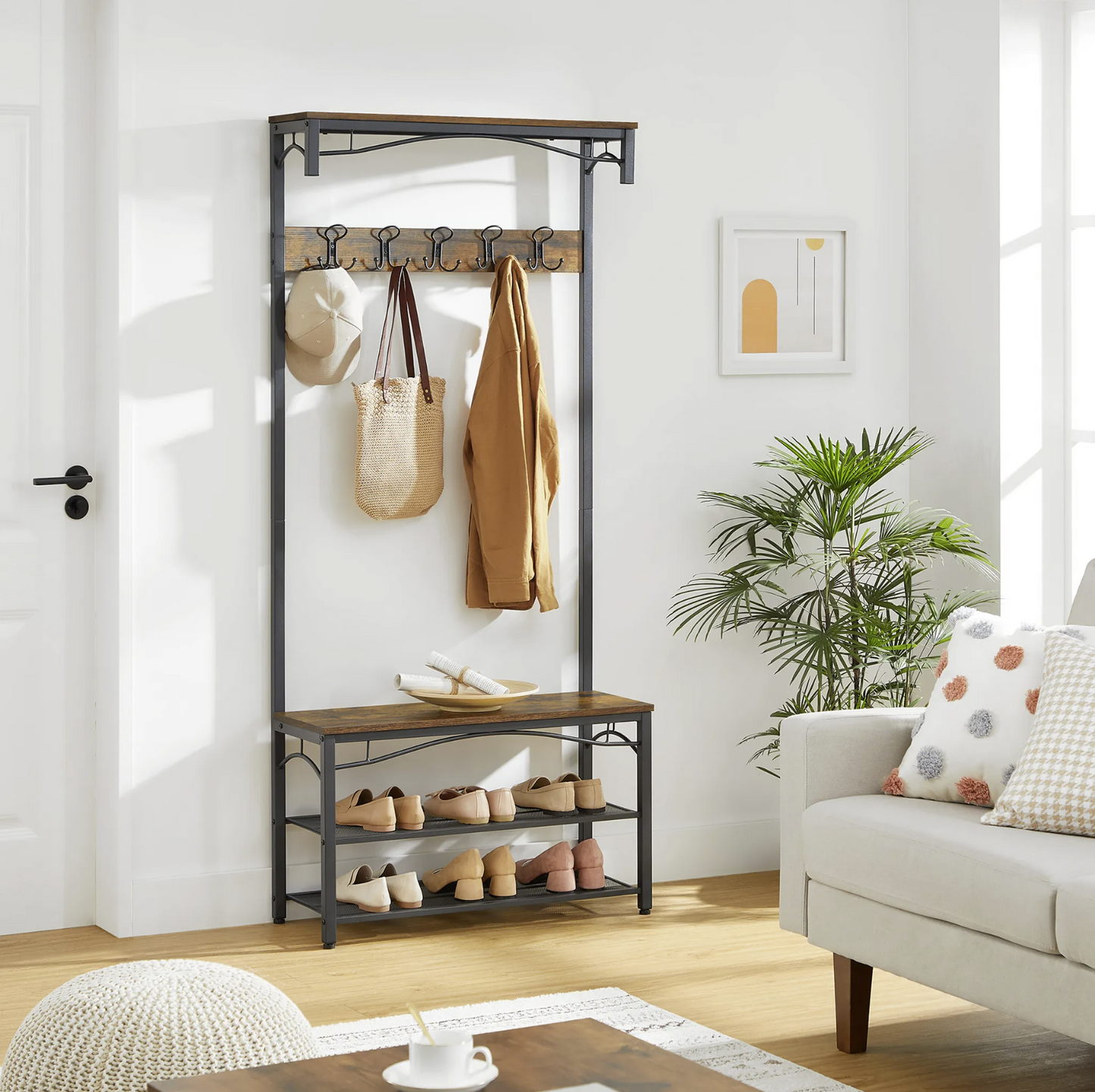 Porte-Manteau, Meuble d'entrée, avec Étagère à chaussures, Banc et Crochets, Armature en métal mat, VASAGLE, 6