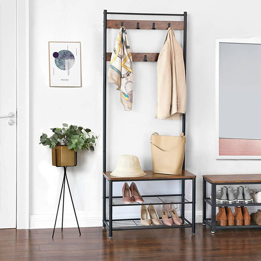 Porte-manteau avec Étagère à Chaussures, Meuble d’Entrée avec Banc, 3-en-1, Cadre en Acier, pour Entrée, VASAGLE, 1