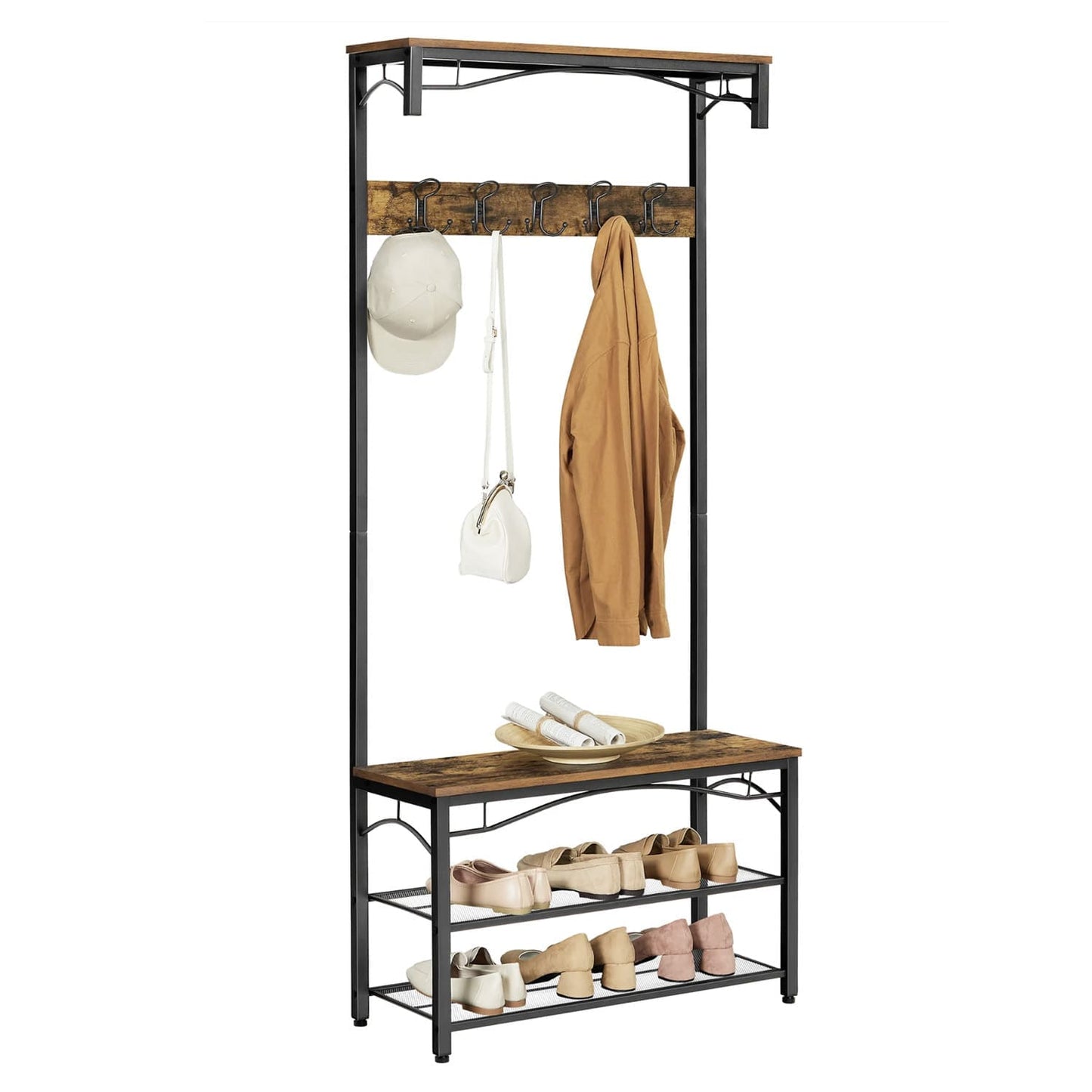 Porte-Manteau, Meuble d'entrée, avec Étagère à chaussures, Banc et Crochets, Armature en métal mat, VASAGLE
