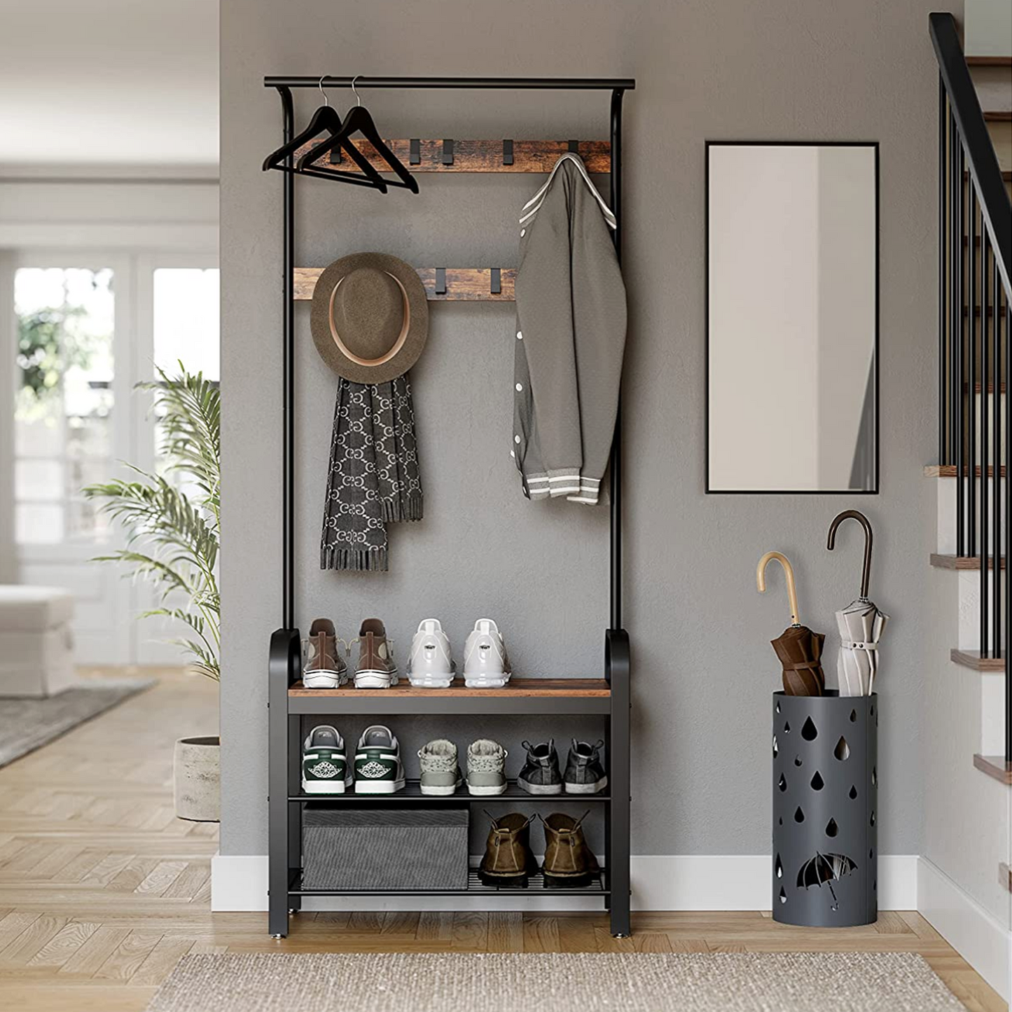 Porte-Manteau, Vestiaire, Meuble d’Entrée avec Étagère Chaussures à 3 Niveaux, avec Crochets Amovibles, VASAGLE, 5