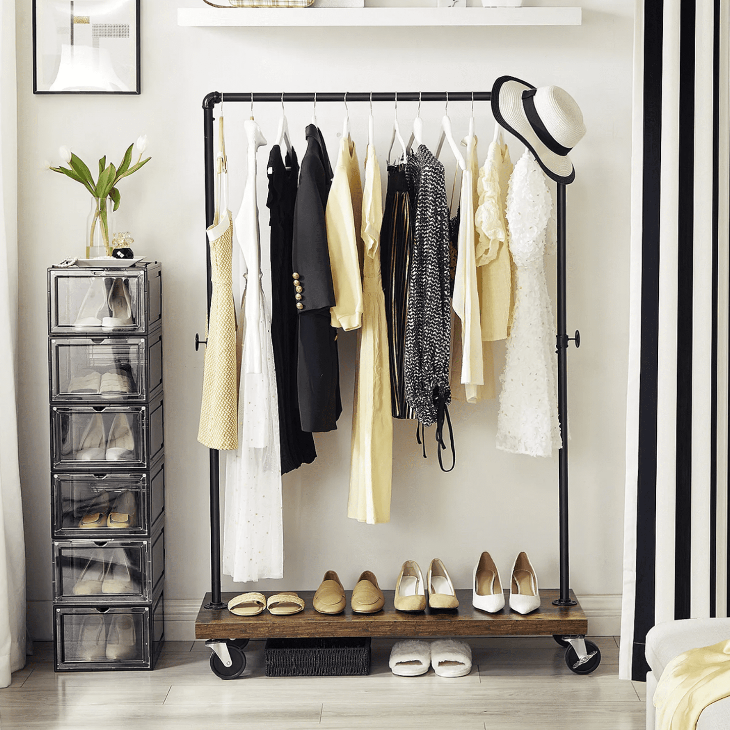 Portant à Vêtements, Penderie, Industriel, avec Étagère de Rangement, Capacité de la Barre 90 kg, Noir, VASAGLE