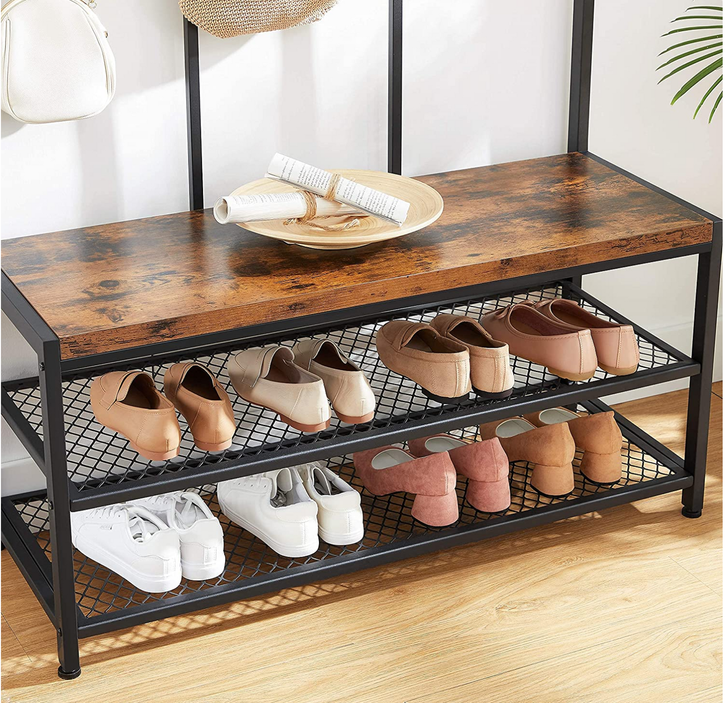 Grand porte-manteaux, avec Banc à chaussures, Meuble d'entrée, Vestiaire, 12 Crochets, Étagère à chaussures, VASAGLE, 8