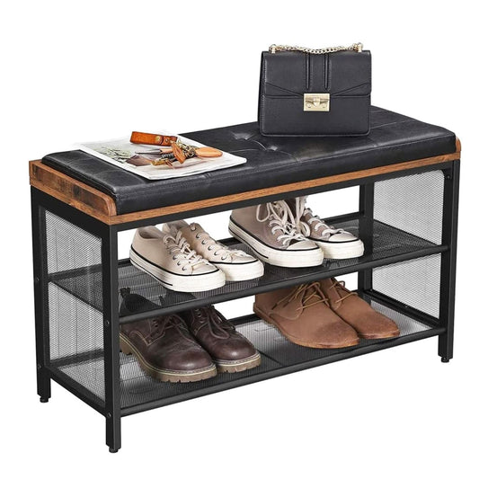 Banc à Chaussures, Banquette Rembourrée avec Étagères en Maille, Rangement à Chaussures, VASAGLE, 1