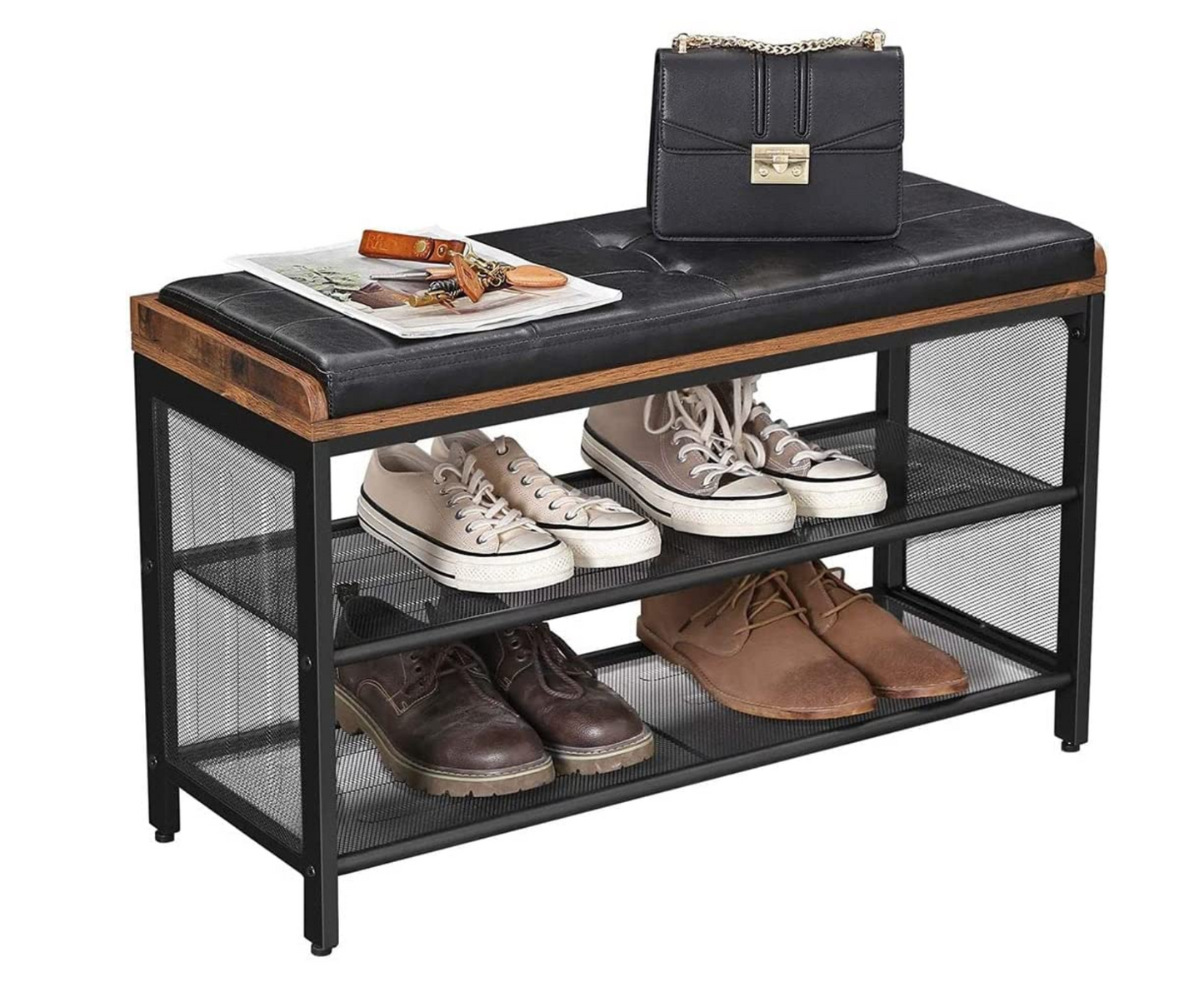 Banc à Chaussures, Banquette Rembourrée avec Étagères en Maille, Rangement à Chaussures, VASAGLE, 8