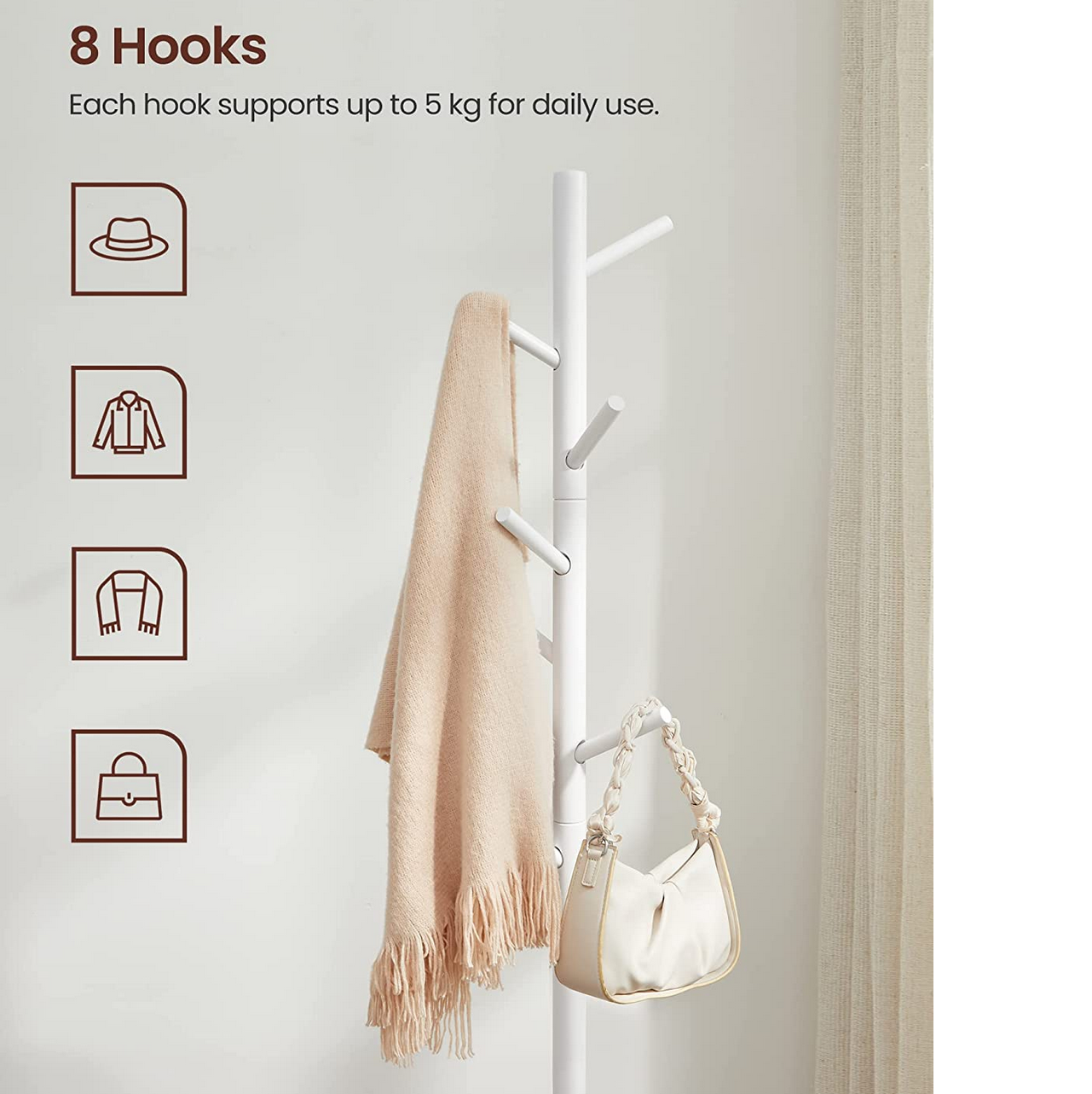 VASAGLE - Portemanteau en Bois Massif, Porte-vêtement, avec 8 Crochets pour vêtements, Sacs, Veste, pour entrée, Couloir, Blanc