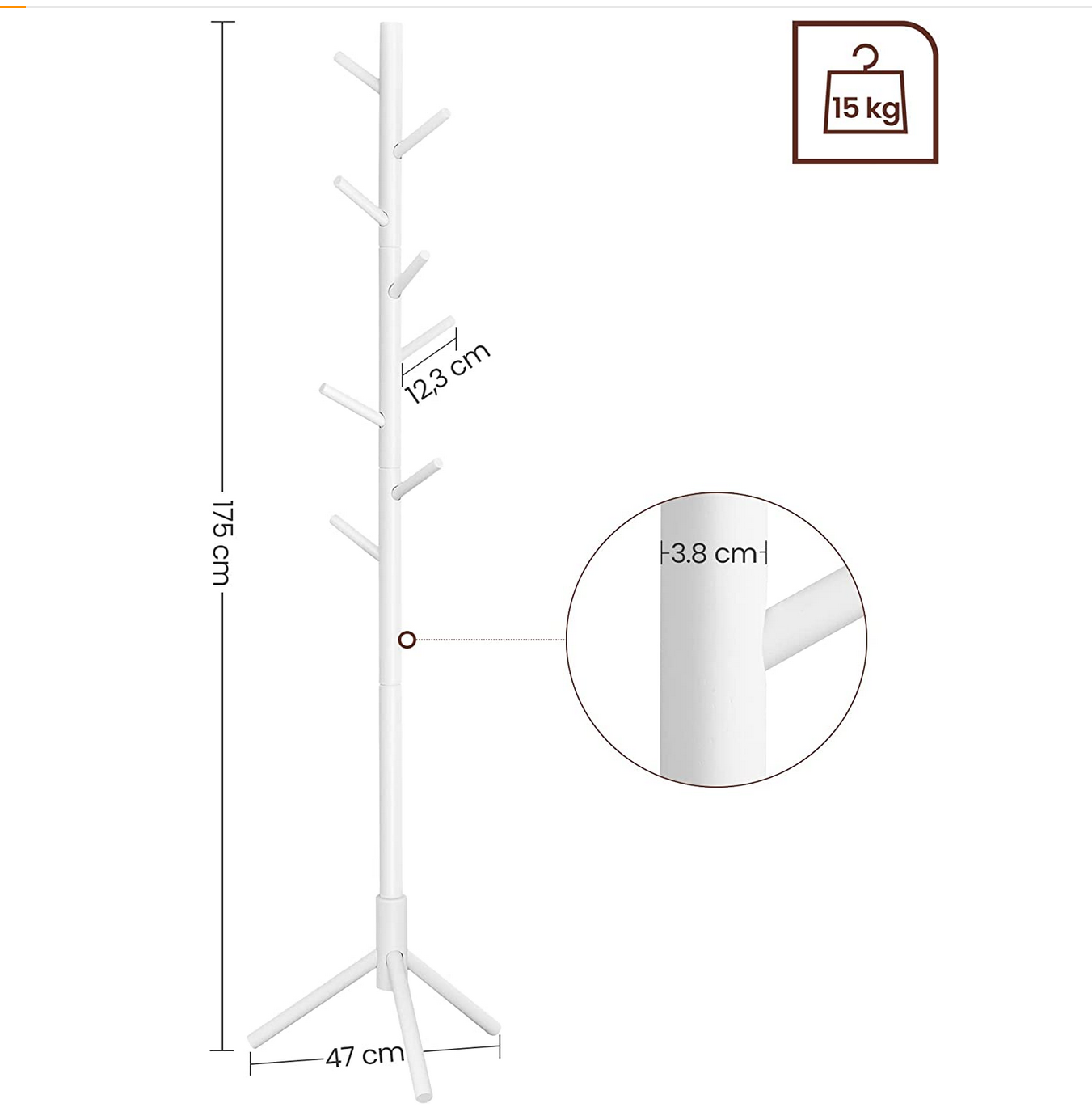 VASAGLE - Portemanteau en Bois Massif, Porte-vêtement, avec 8 Crochets pour vêtements, Sacs, Veste, pour entrée, Couloir, Blanc