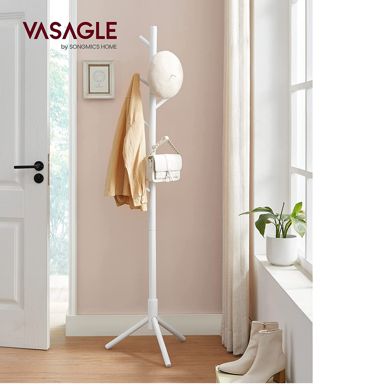 VASAGLE - Portemanteau en Bois Massif, Porte-vêtement, avec 8 Crochets pour vêtements, Sacs, Veste, pour entrée, Couloir, Blanc