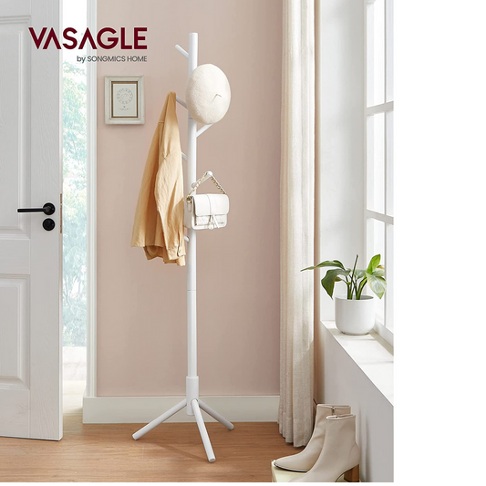 Portemanteau en Bois Massif, Porte-vêtement, avec 8 Crochets pour vêtements, Sacs, Veste, pour entrée, Blanc, VASAGLE, 1