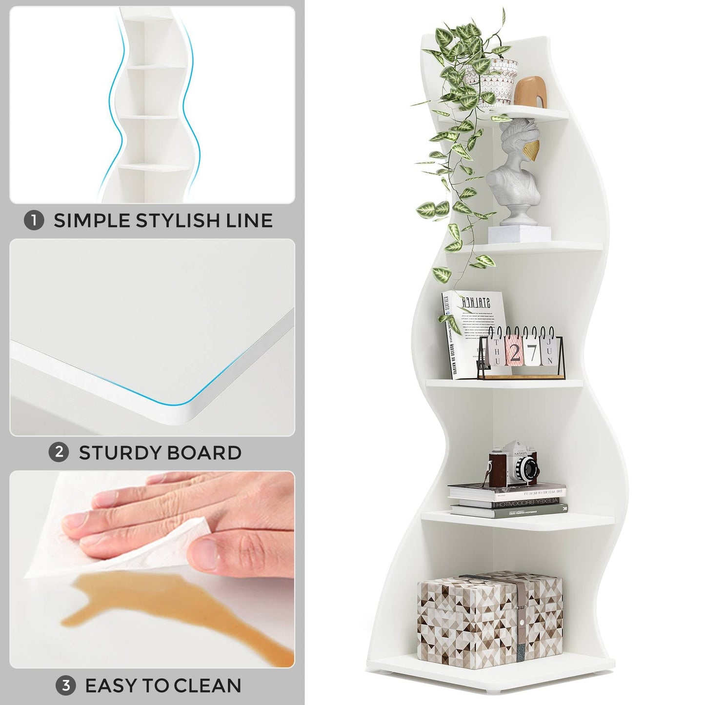 Etagere d'angle, 5 Niveaux, Bibliothèque d'angle, 50 x 48 x 177 cm, Blanche, Tribesigns, 6