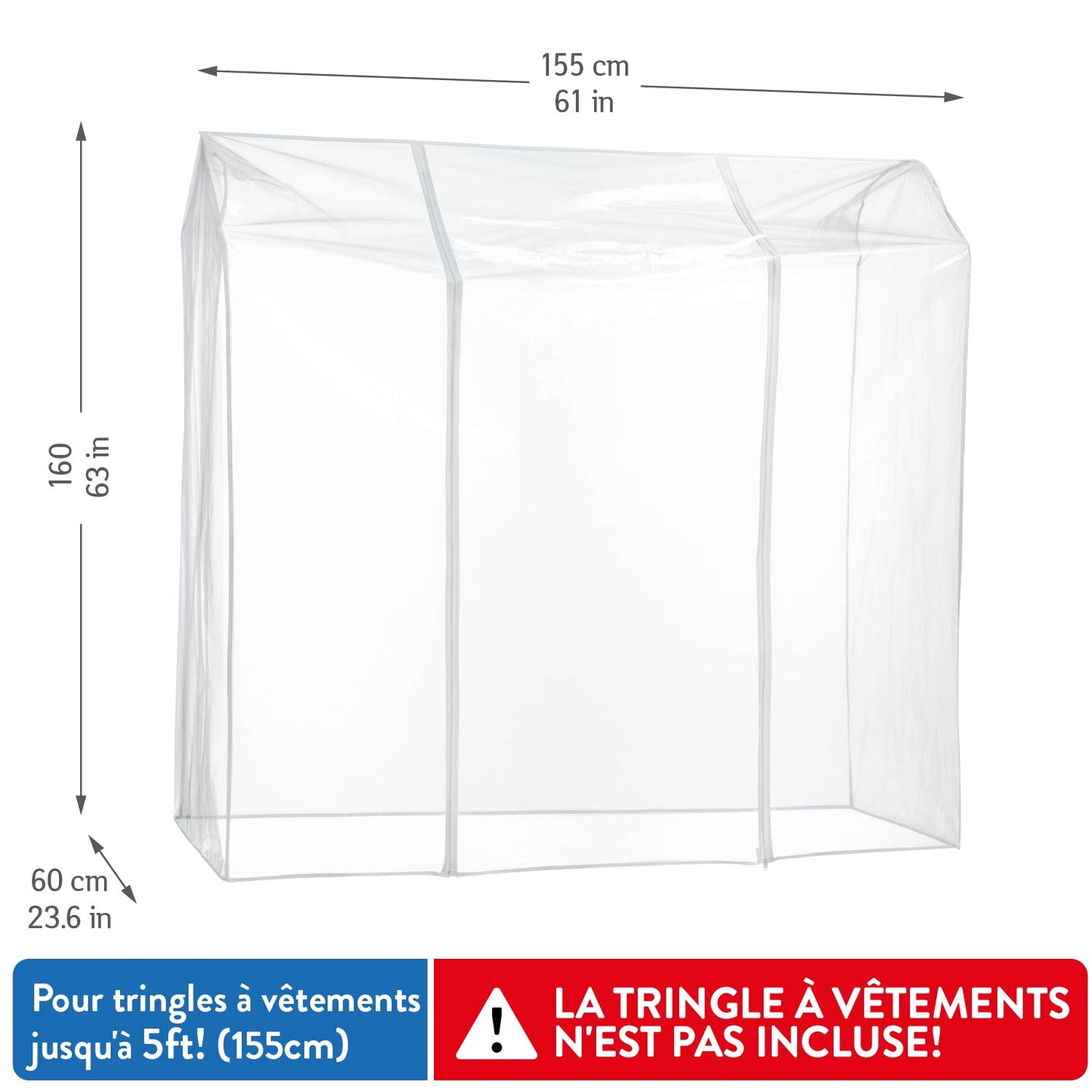 Housse pour portant vetement, Transparent, 155×60×160 cm, 2 fermetures éclair, protection étanche, contre la poussière, et les UV, Tatkraft Schild, 5