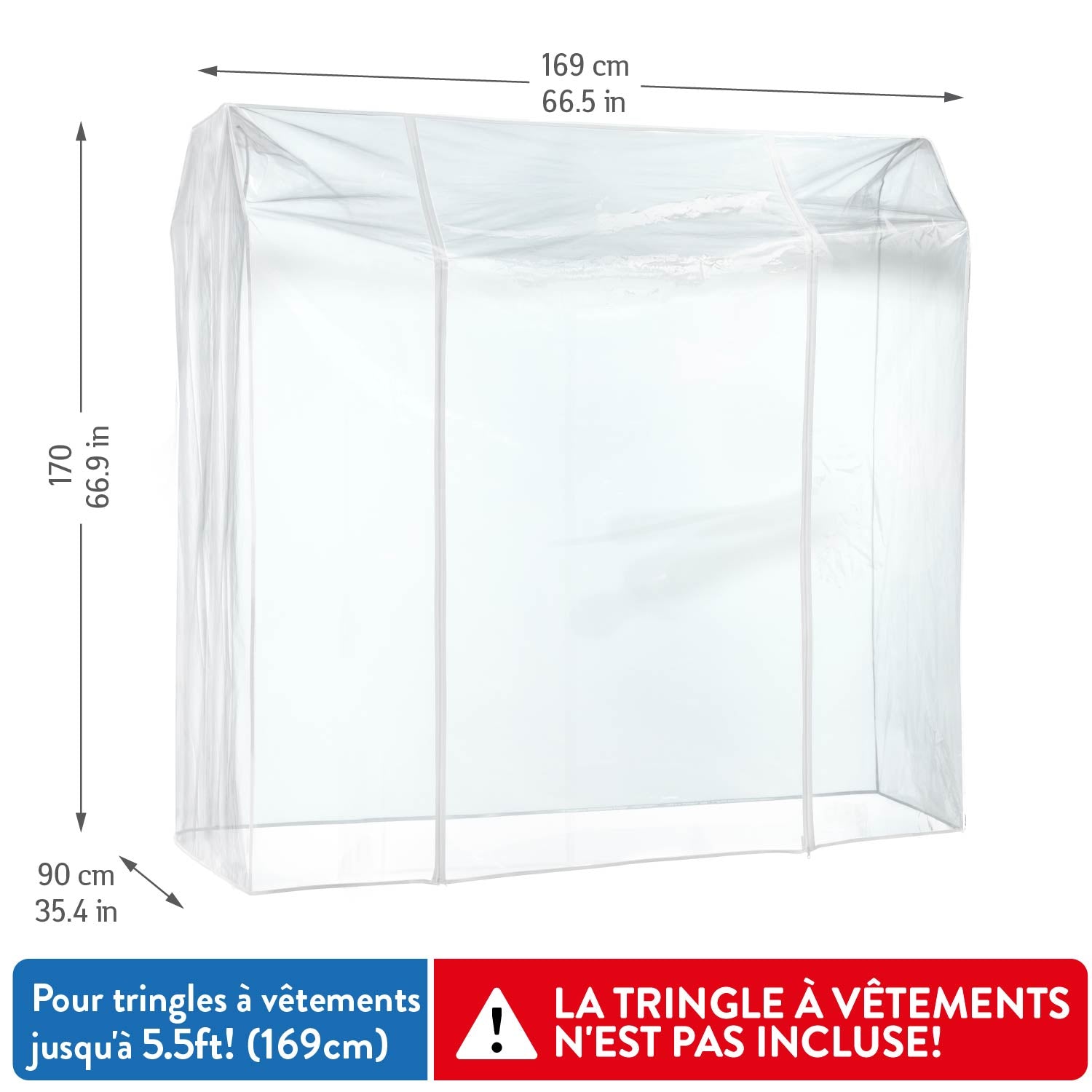 Housse Portant Vetement, Grande 169x90x170 cm, avec 2 fermetures éclair, protection contre la poussière, rayons UV, Transparent, Tatkraft Safe, 5