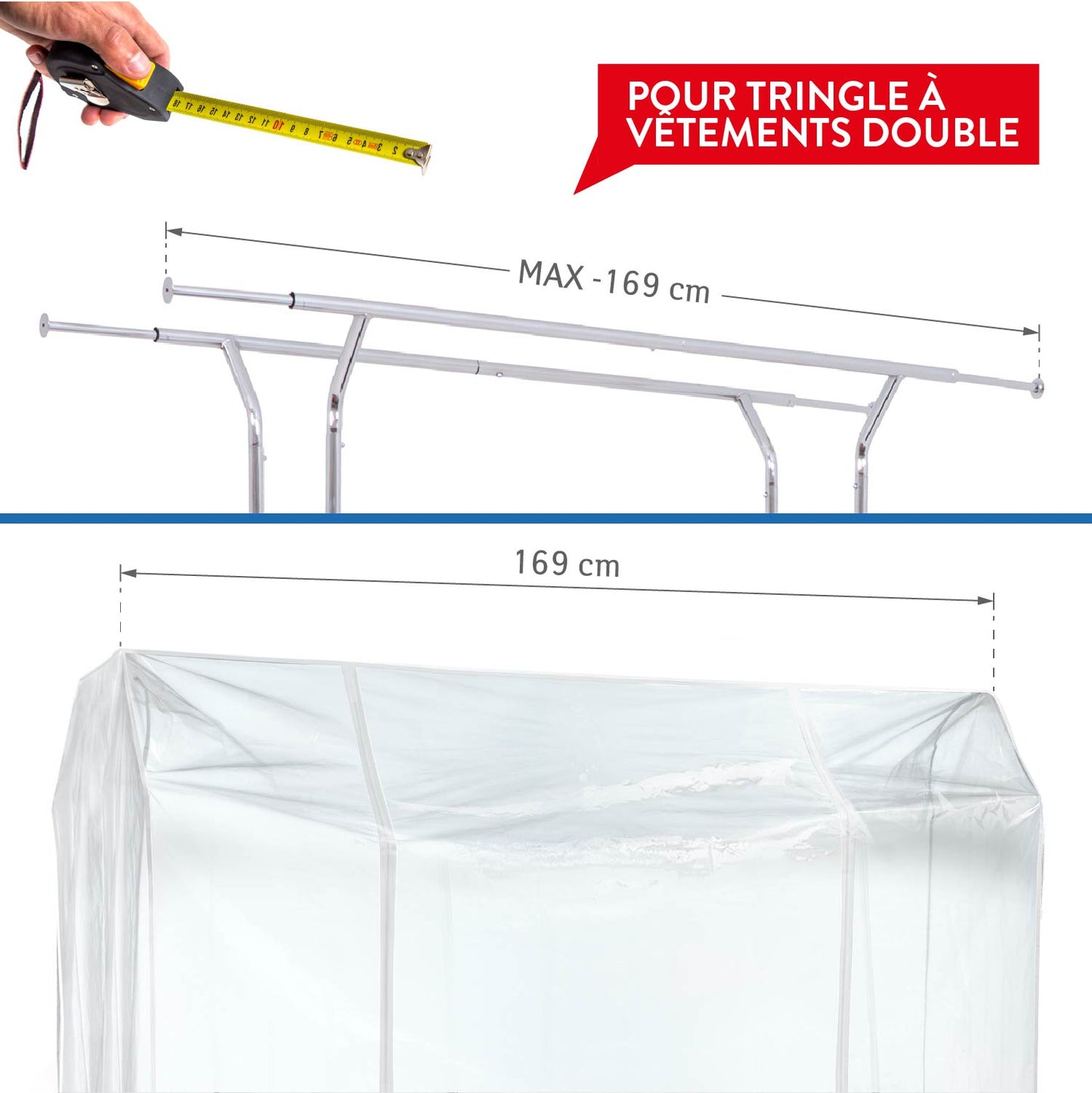 Housse Portant Vetement, Grande 169x90x170 cm, avec 2 fermetures éclair, protection contre la poussière, rayons UV, Transparent, Tatkraft Safe, 6