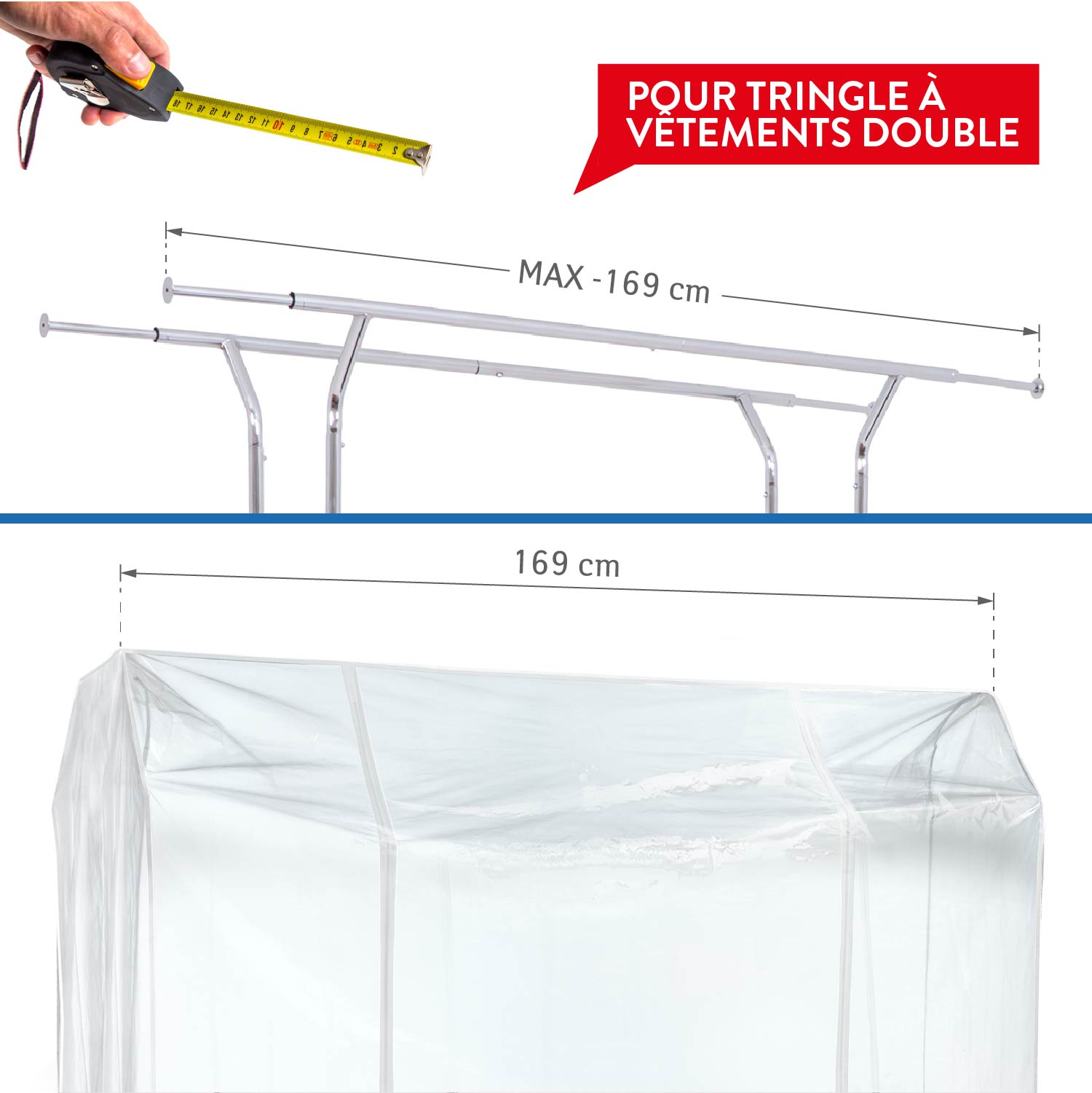 Housse Portant Vetement, Grande 169x90x170 cm, avec 2 fermetures éclair, protection contre la poussière, rayons UV, Transparent, Tatkraft Safe, 6