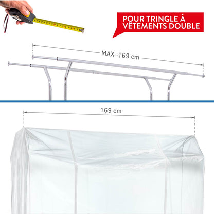 Housse Portant Vetement, Grande 169x90x170 cm, avec 2 fermetures éclair, protection contre la poussière, rayons UV, Transparent, Tatkraft Safe, 6