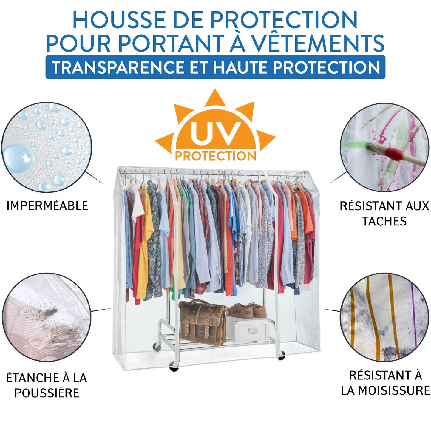 Housse pour portant vetement, 160x60x145 cm, avec 2 fermetures éclair, Transparente, protection contre la poussière et l’humidité, Tatkraft Defender, 3