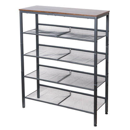 Étagère à Сhaussures, 5 Niveaux, avec 4 étagères réglables, Étagère Étroite, Étagère en Métal, Brun vintage Noir, Tatkraft Otto, 6