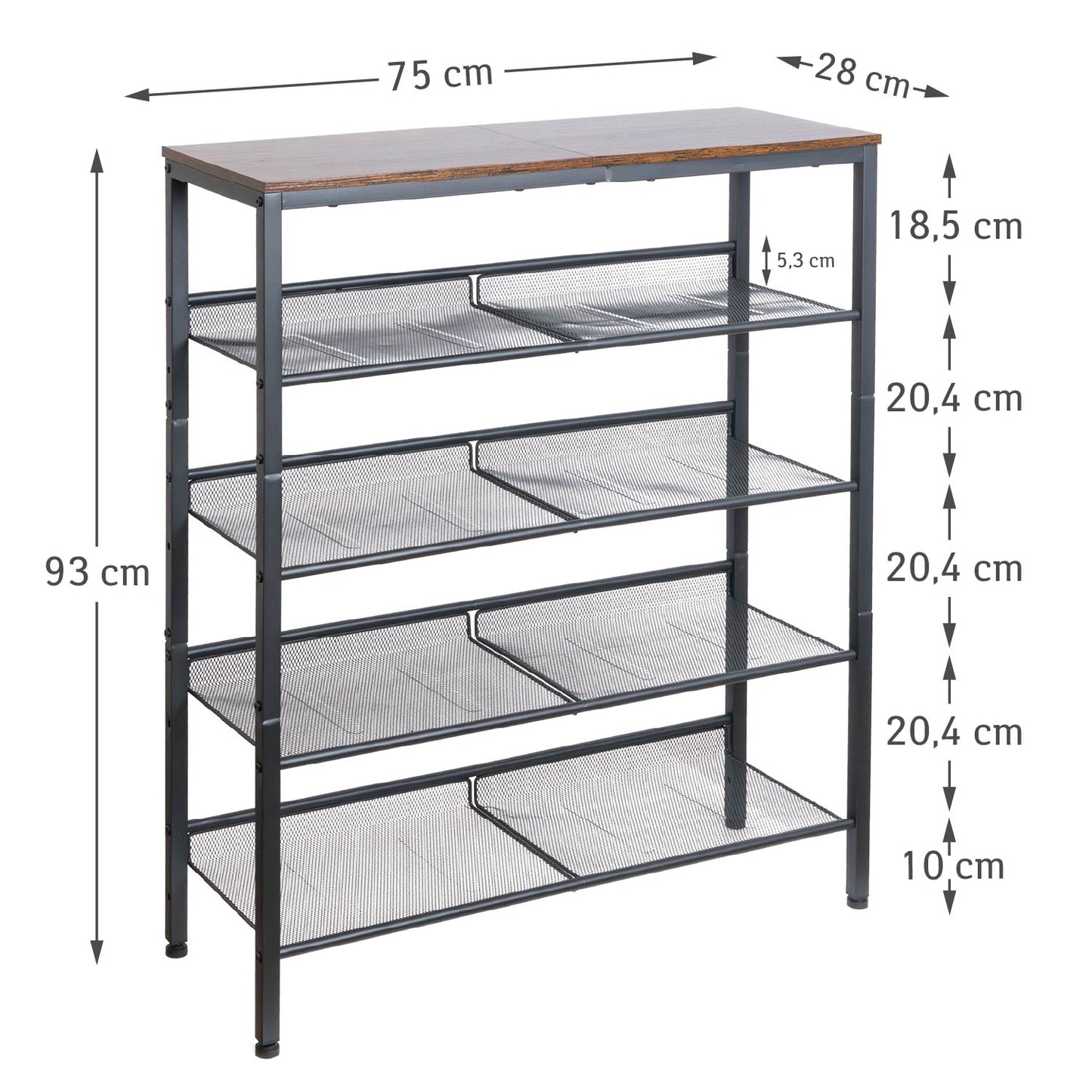 Étagère à Сhaussures, 5 Niveaux, avec 4 étagères réglables, Étagère Étroite, Étagère en Métal, Brun vintage Noir, Tatkraft Otto, 4