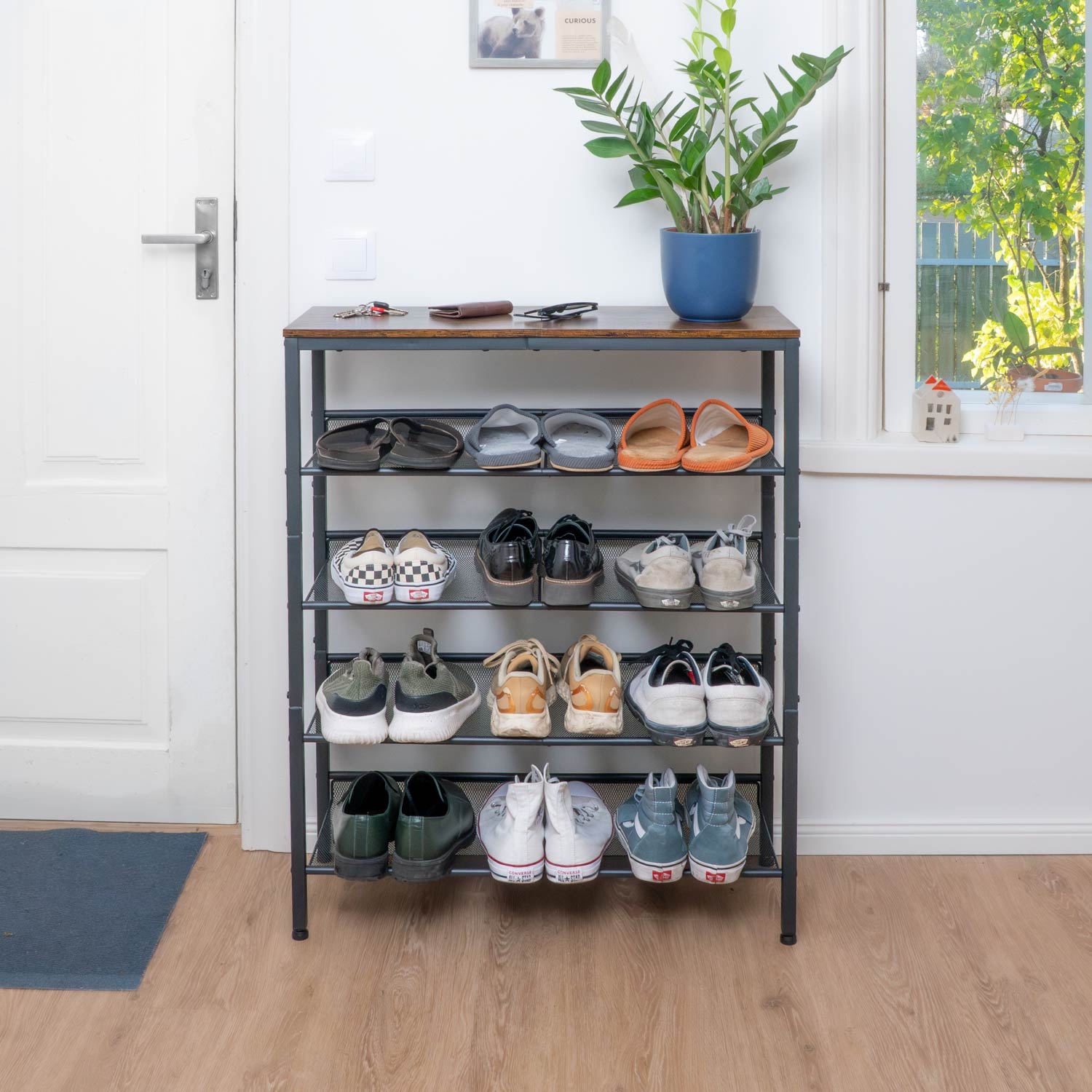 Étagère à Сhaussures, 5 Niveaux, avec 4 étagères réglables, Étagère Étroite, Étagère en Métal, Brun vintage Noir, Tatkraft Otto, 7