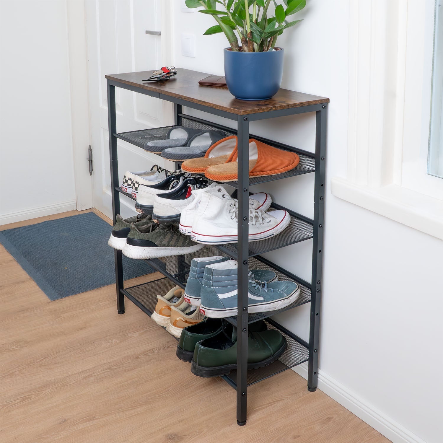 Étagère à Сhaussures, 5 Niveaux, avec 4 étagères réglables, Étagère Étroite, Étagère en Métal, Brun vintage Noir, Tatkraft Otto, 1