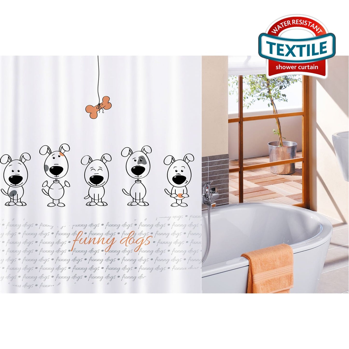 Tatkraft Funny Dogs Rideau de Douche et Baignoire en Polyester Imperméable avec 12 Anneaux, Anti-Moisissure, 180 x 180 cm