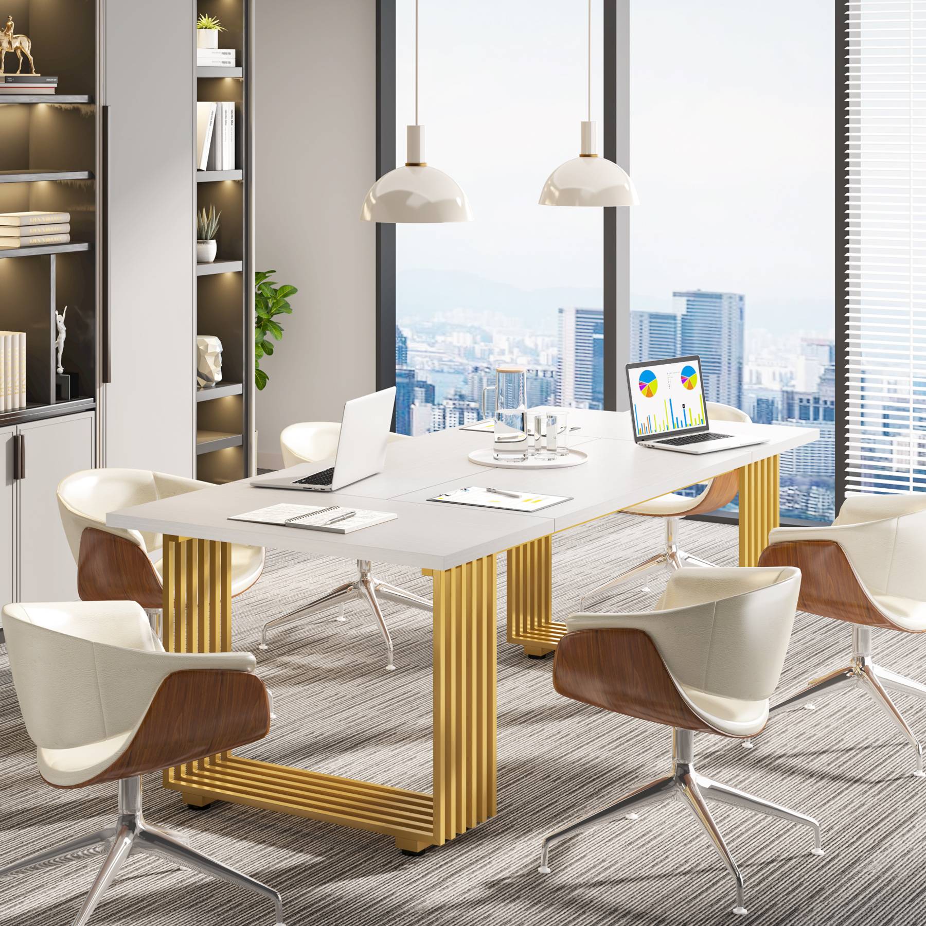 Bureau Ordinateur, 180 x 79 x 78 cm, Bureau informatique, Bureau Travail, Blanc et Or, Tribesigns, 4