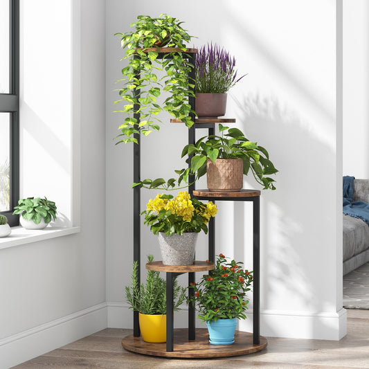 Etagere Plante, 5 niveaux, Support Plante, 50 x 50 x 104 cm, Support plante intérieur, Etagere Salon, Brun Noir, Tribesigns, 1
