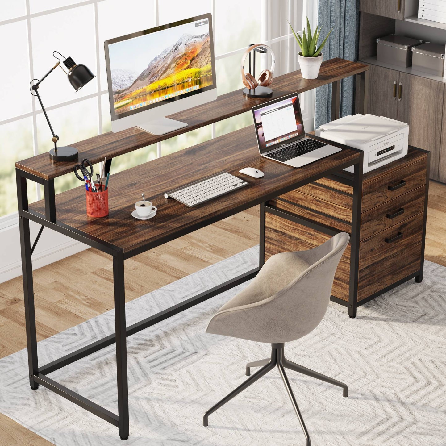 Bureau avec Rangement, Bureau Professionnel, 160 x 50 x 90 cm, Bureau Ordinateur, Tribesigns, 3