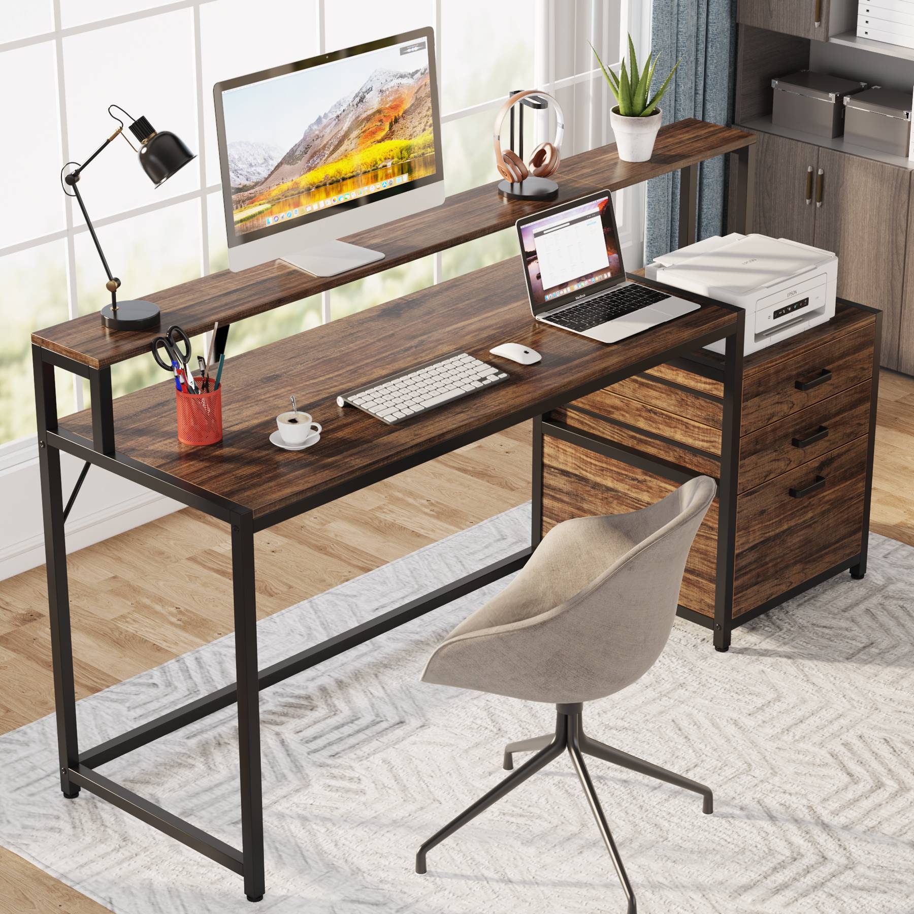 Bureau avec Rangement, Bureau Professionnel, 160 x 50 x 90 cm, Bureau Ordinateur, Tribesigns, 3