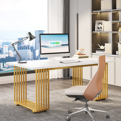 Bureau Ordinateur, 180 x 79 x 78 cm, Bureau informatique, Bureau Travail, Blanc et Or, Tribesigns, 3