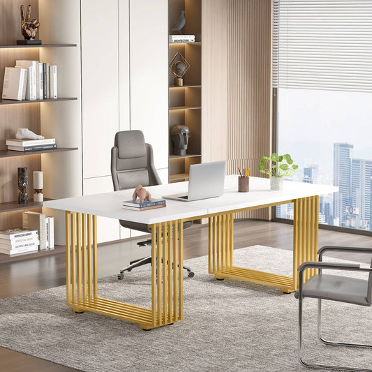 Bureau Ordinateur, 180 x 79 x 78 cm, Bureau informatique, Bureau Travail, Blanc et Or, Tribesigns, 1