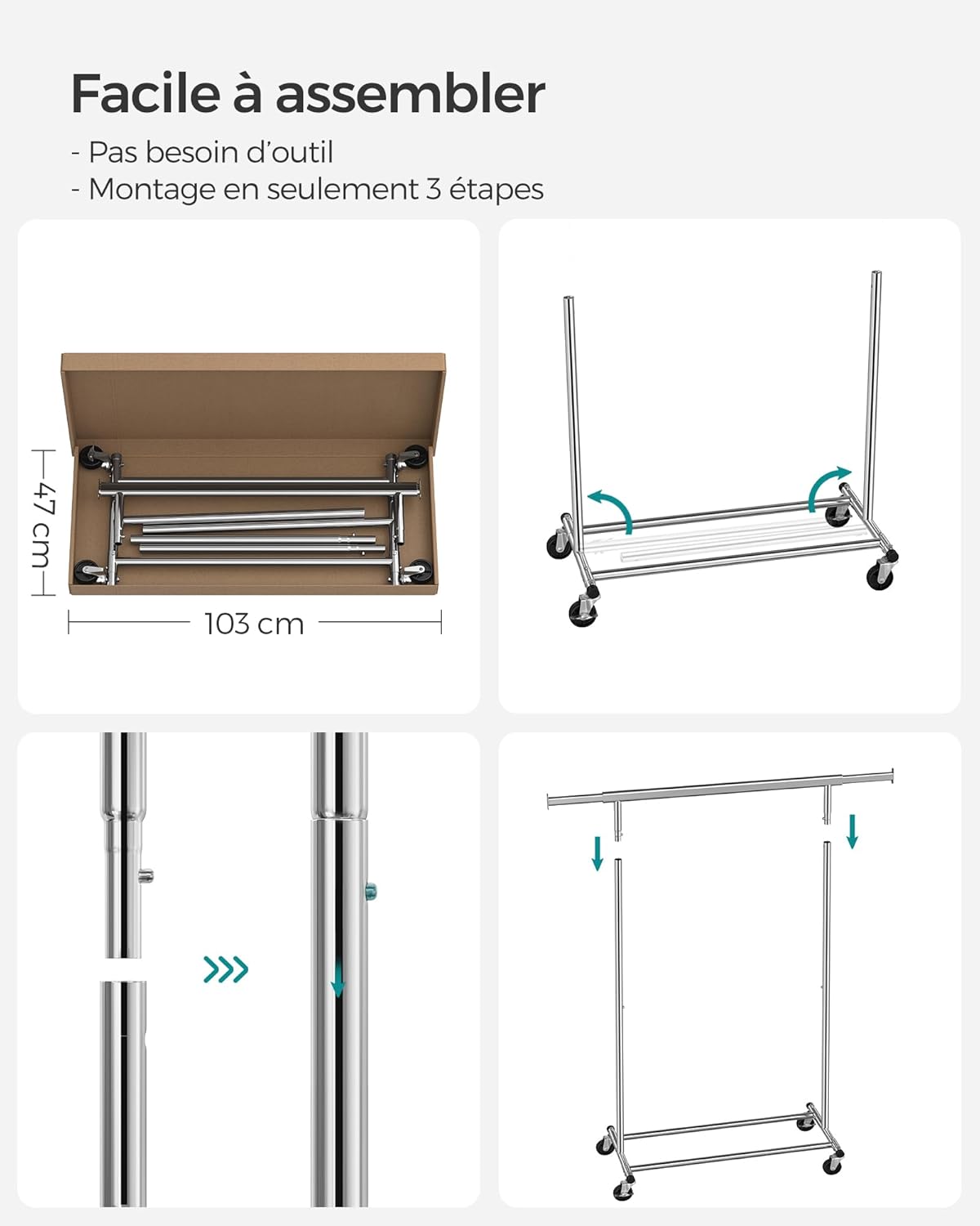 Portant Vêtement Solide, jusqu'à 150kg, Portant Vetement Professionnel, Extensible avec Roulettes, Argent, SONGMICS, 8