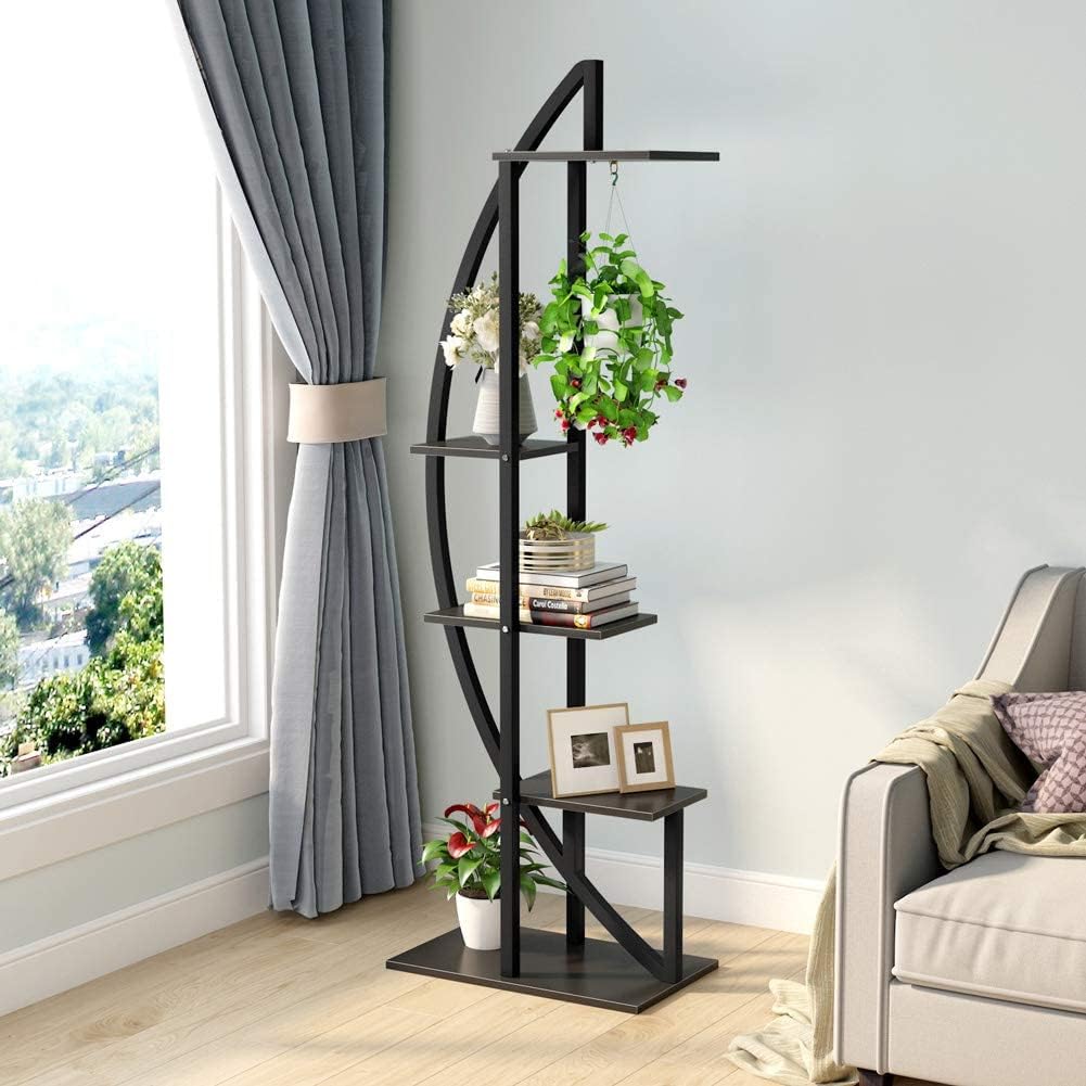 Support Plante, lot de 2, Etagere Plante, 5 niveaux avec 2 crochets, hauteur 160cm, Noir, Tribesigns, 4