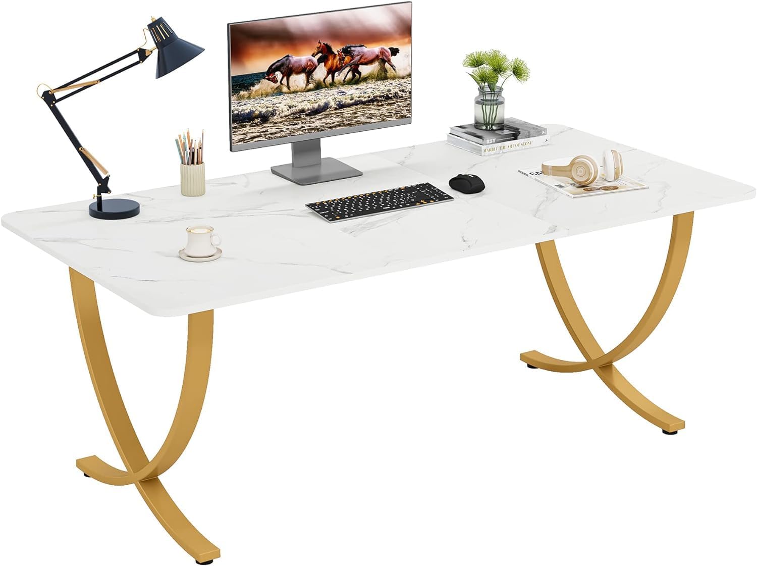 Bureau Ordinateur, 160x80x75 cm, Table de Réunion, avec plateau en faux marbre, Blanc Or, Tribesigns, 7
