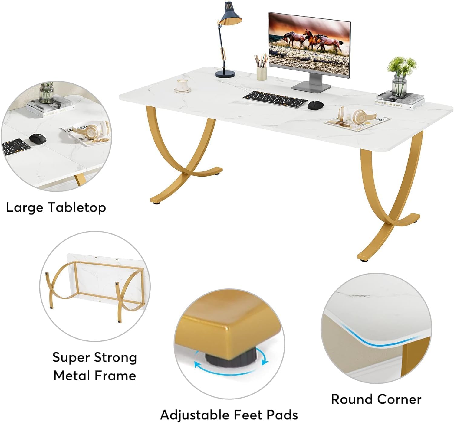 Bureau Ordinateur, 160x80x75 cm, Table de Réunion, avec plateau en faux marbre, Blanc Or, Tribesigns, 6