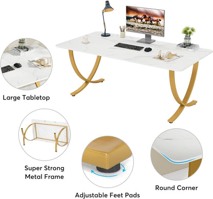 Bureau Ordinateur, 160x80x75 cm, Table de Réunion, avec plateau en faux marbre, Blanc Or, Tribesigns, 6