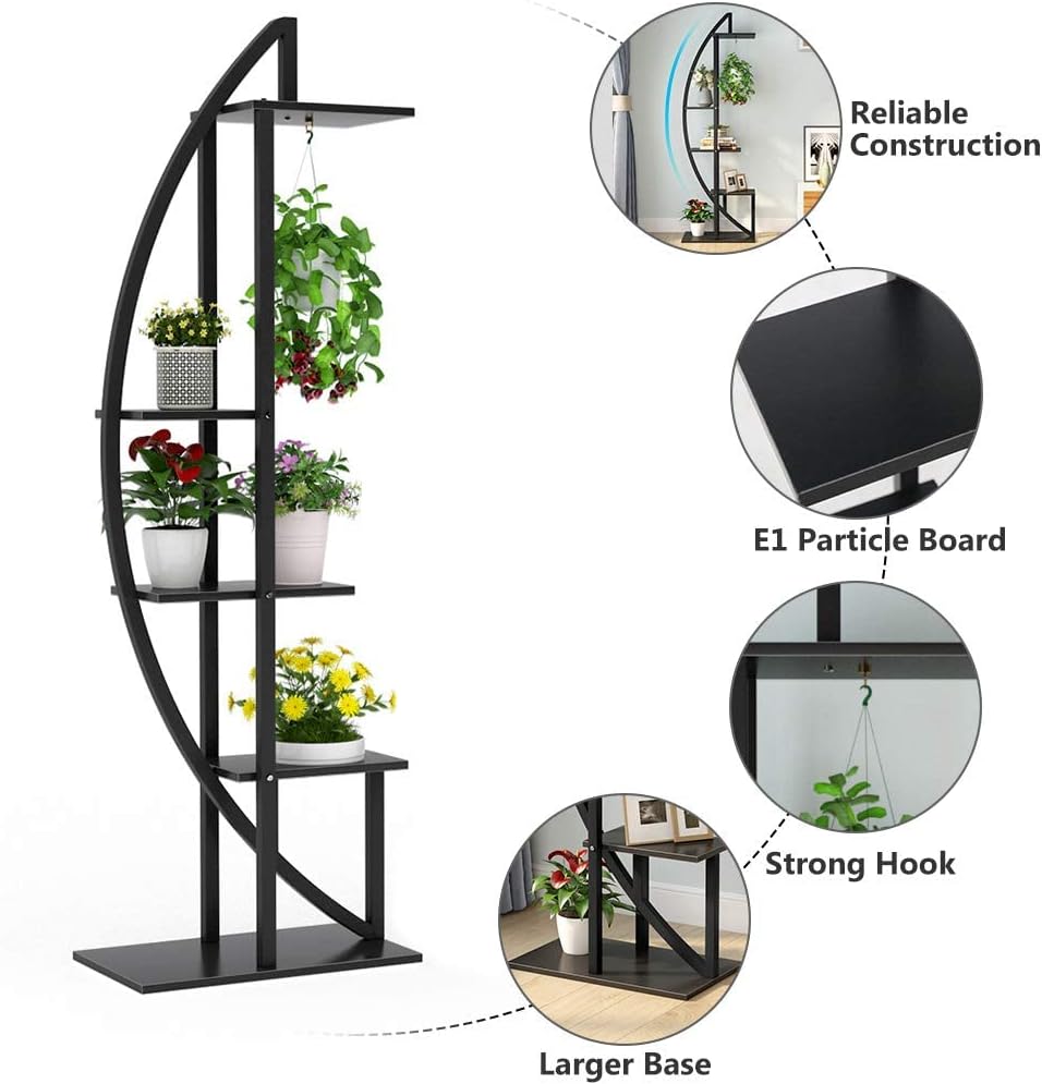 Support Plante, lot de 2, Etagere Plante, 5 niveaux avec 2 crochets, hauteur 160cm, Noir, Tribesigns, 6