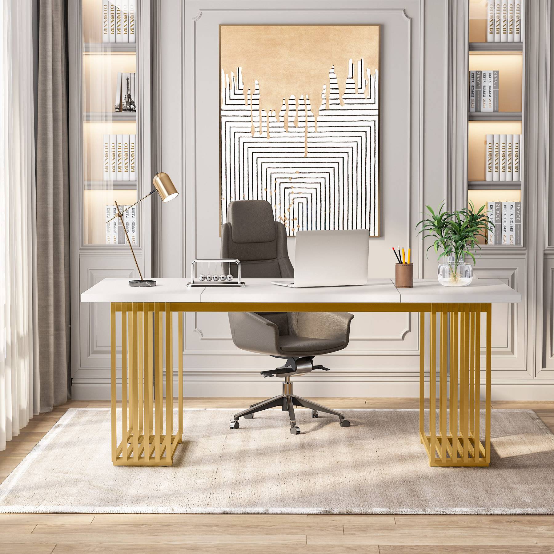 Bureau Ordinateur, 180 x 79 x 78 cm, Bureau informatique, Bureau Travail, Blanc et Or, Tribesigns, 2