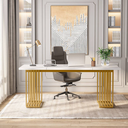 Bureau Ordinateur, 180 x 79 x 78 cm, Bureau informatique, Bureau Travail, Blanc et Or, Tribesigns, 2