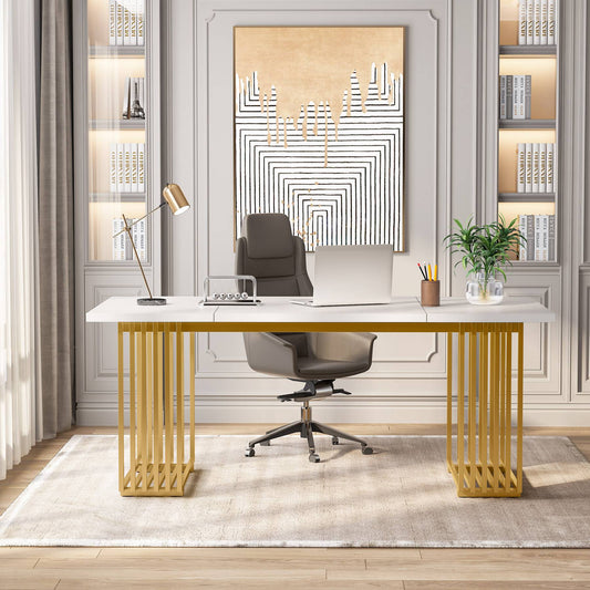 Bureau Ordinateur, 180 x 79 x 78 cm, Bureau informatique, Bureau Travail, Blanc et Or, Tribesigns, 2