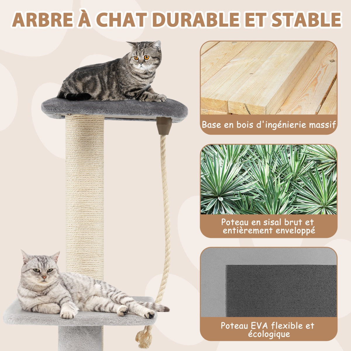 Arbre à Chat, Griffoir Chat, 92cm, 3 Niveaux avec Poteaux en Sisal et Poteau EVA Tour à Chat en Peluche, Gris, Costway, 6