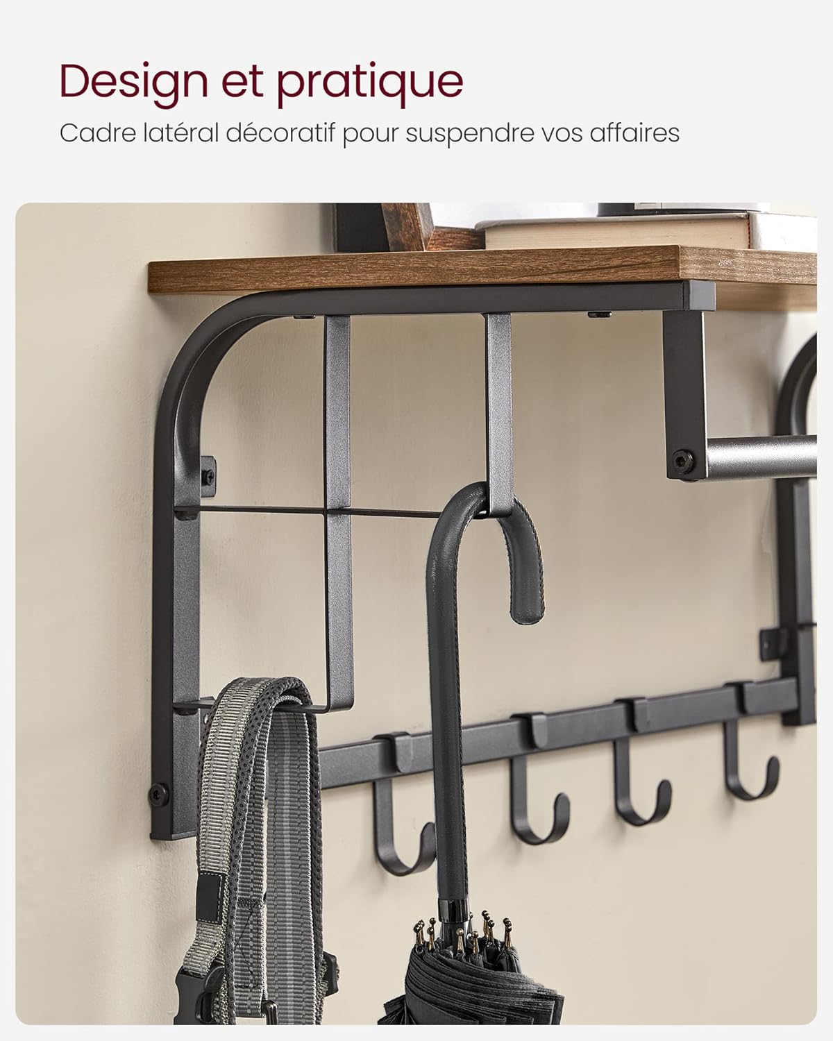 Porte Manteau Mural,avec Étagère, Portant Mural, 5 Crochets Amovibles, Étagère Suspendue avec Tringle, Marron et Noir, VASAGLE, 3