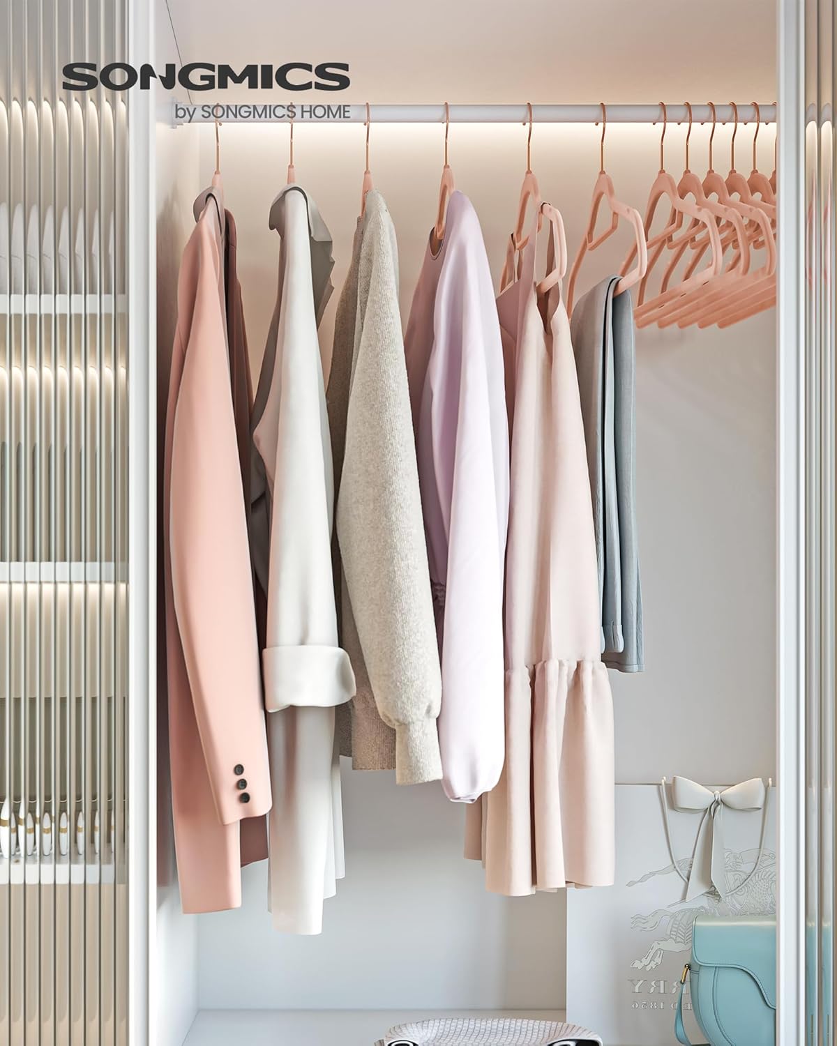 Cintres, Lot de 50, Cintre Pantalon, 43,5 cm, Cintre Velours, Barre à Cravate, Cintre Vetement, Rose, SONGMICS, 3