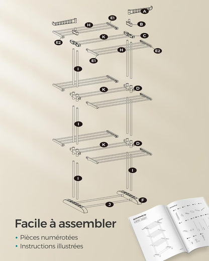 Étendoir a linge, 4 Niveaux, sechoir a linge, avec roulettes, Grande Capacité, Blanc, SONGMICS, 7